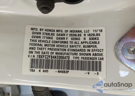 2019 Honda Civic Sport from USA, damaged, VIN 19XFC2F84KE006470